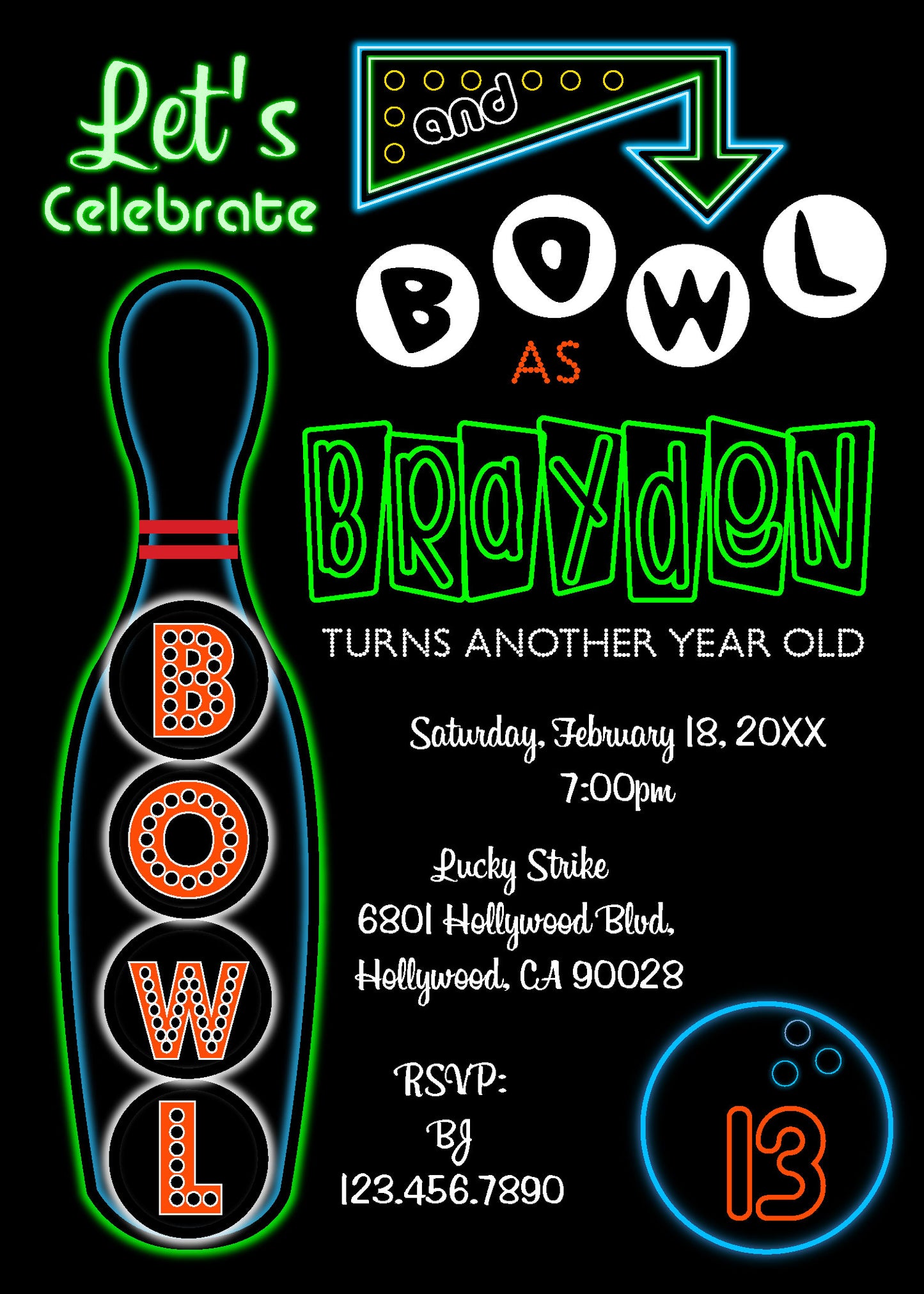 Glow Bowling Birthday Invite - Digital Download