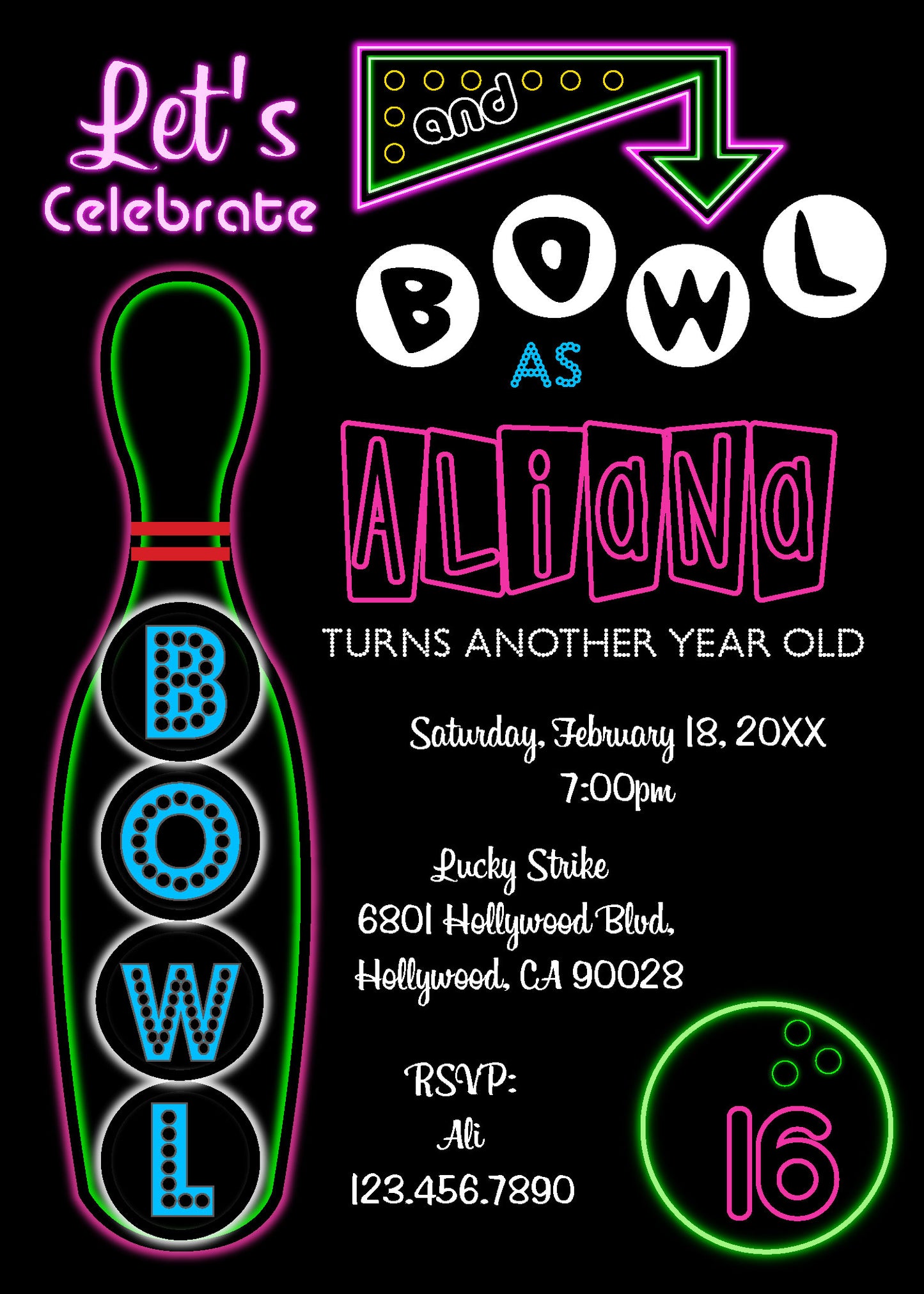 Glow Bowling Birthday Invite - Digital Download