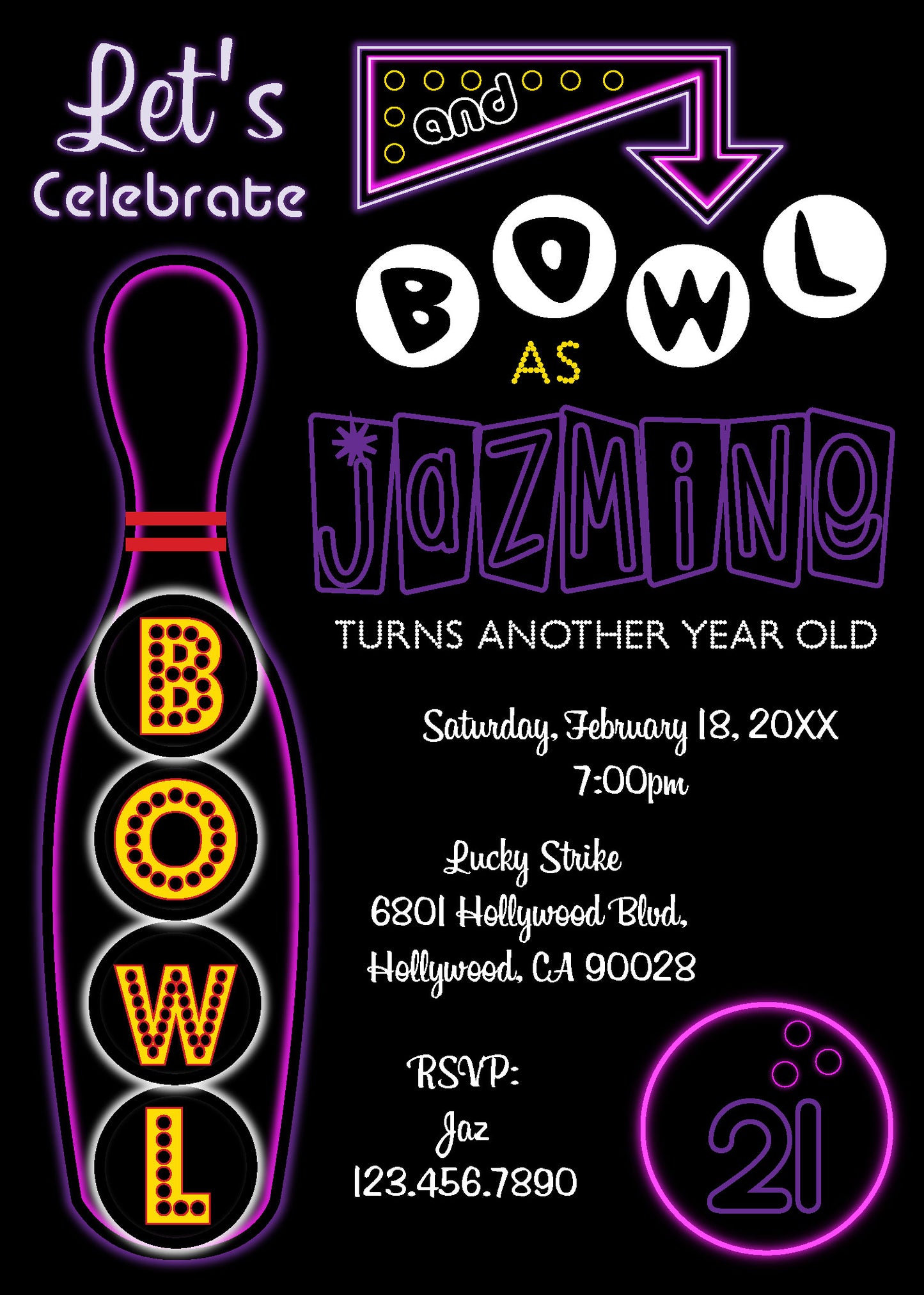 Glow Bowling Birthday Invite - Digital Download