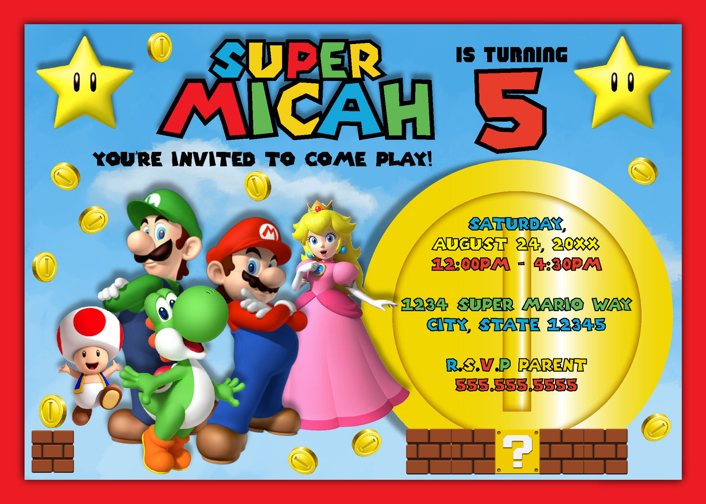 Super Mario Bros Birthday Invite - Digital Download