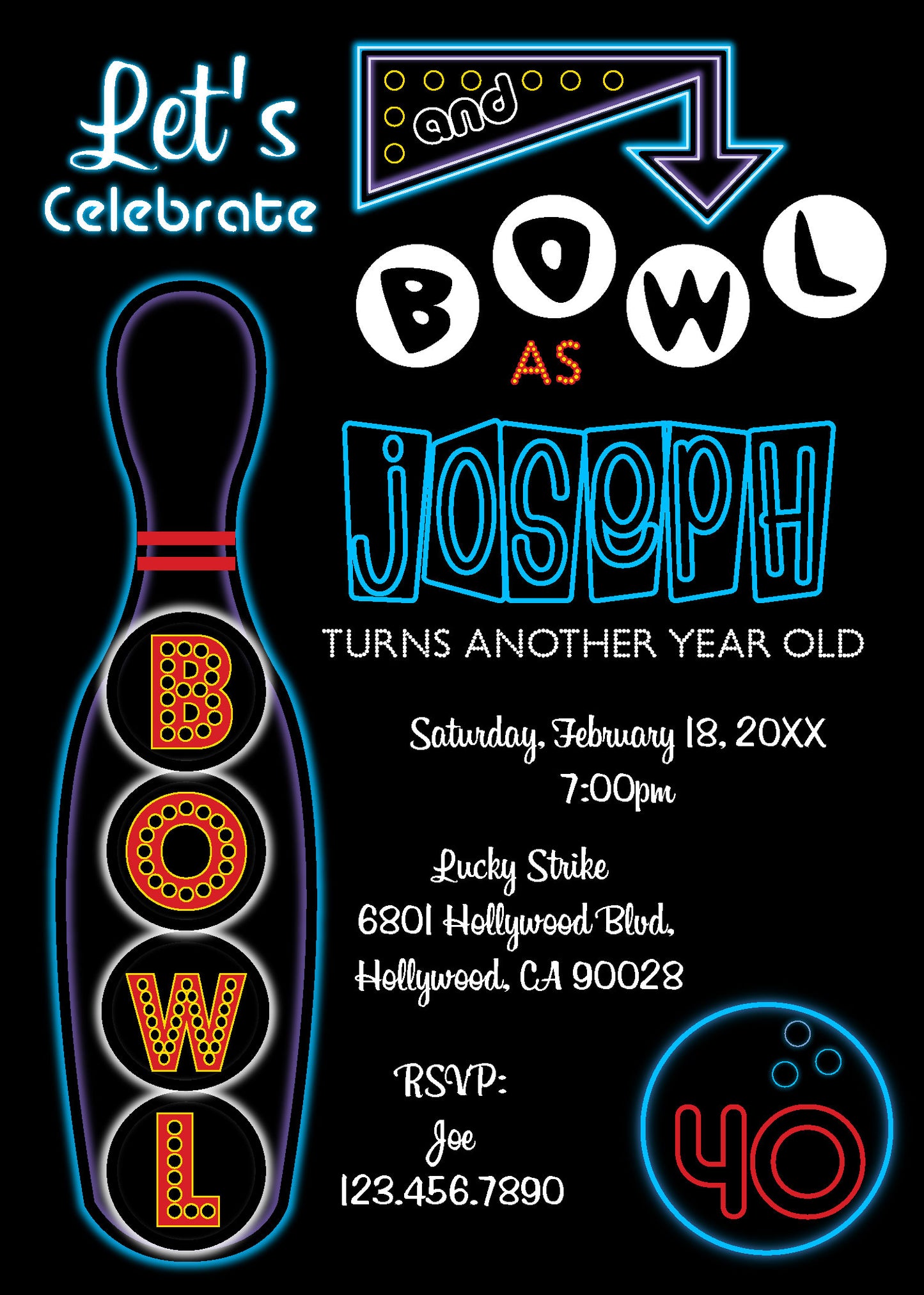 Glow Bowling Birthday Invite - Digital Download