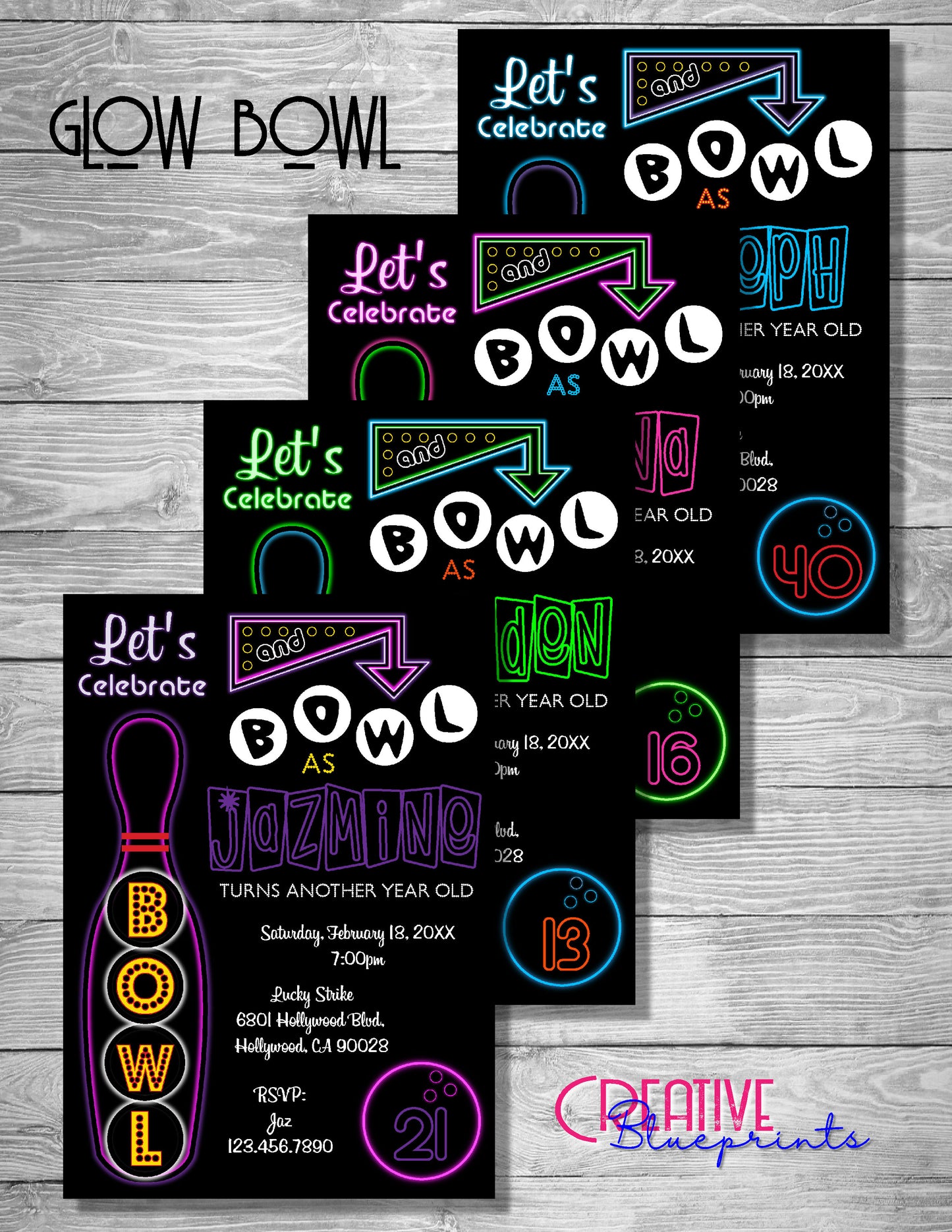 Glow Bowling Birthday Invite - Digital Download