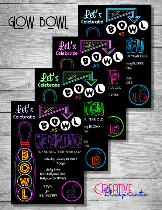 Glow Bowling Birthday Invite - Digital Download